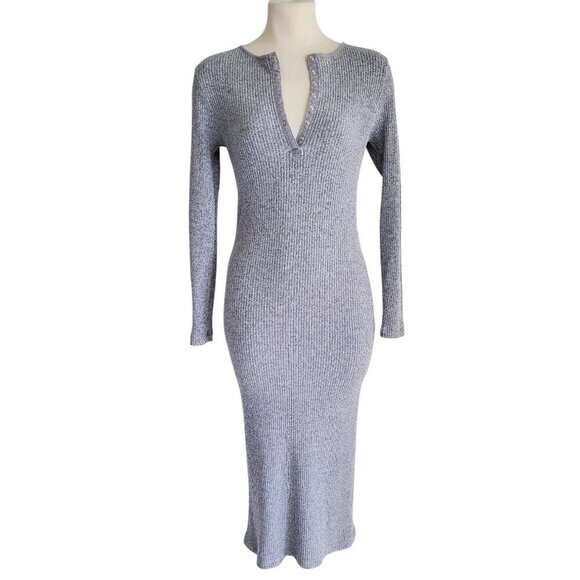 ZARA Henley Heather Gray Ribbed Polo Neck Soft Midi Dress Scandi Girl Size M - Picture 4 of 16